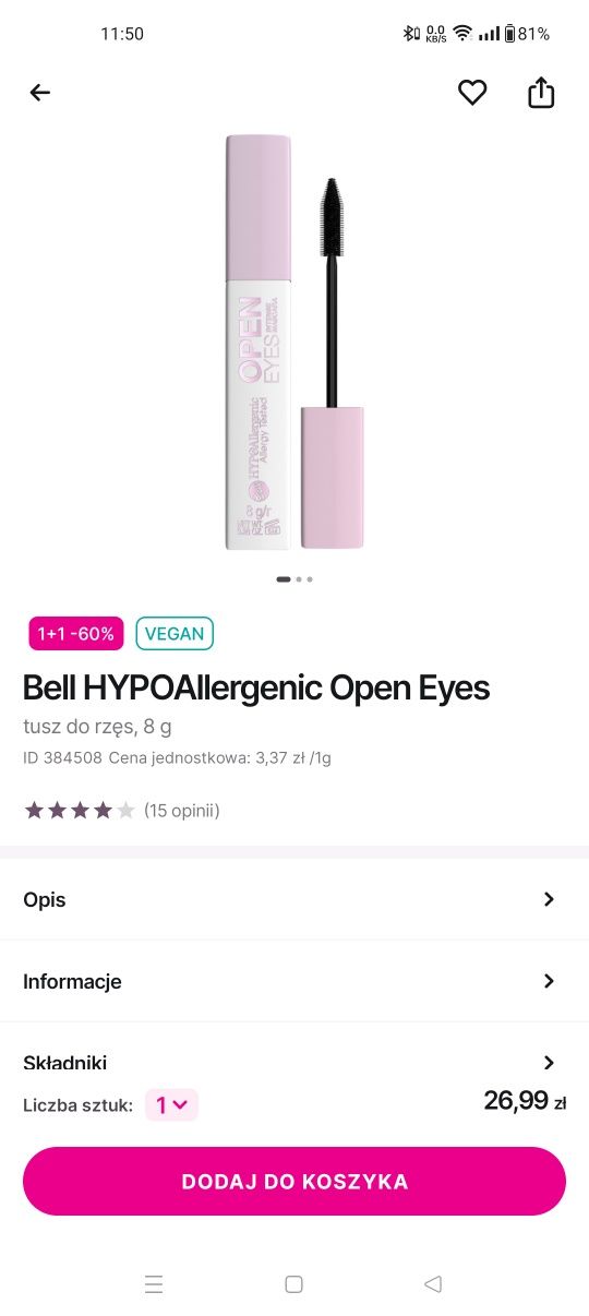 HypoAllergenic Open Eyes Maskara Tusz do rzęs nowy