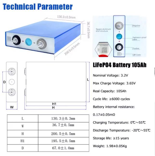 Батарея літій-залізо-полімерна LiFePO4 EVE 3.2V 105AH GradeA компл 4шт