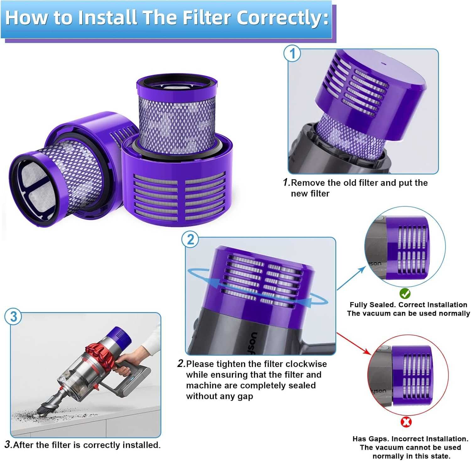 4-pak zmywalnych filtrów Hepa do odkurzacza  Dyson V10 SV12