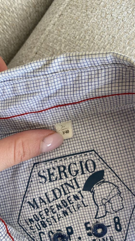 Sergio Maldini błękitna koszula w kratę męska M 38 bawełna rękaw 3/4