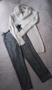 Komplet H&M S-M śmietankowy sweter sukienka i spodnie w pepitkę