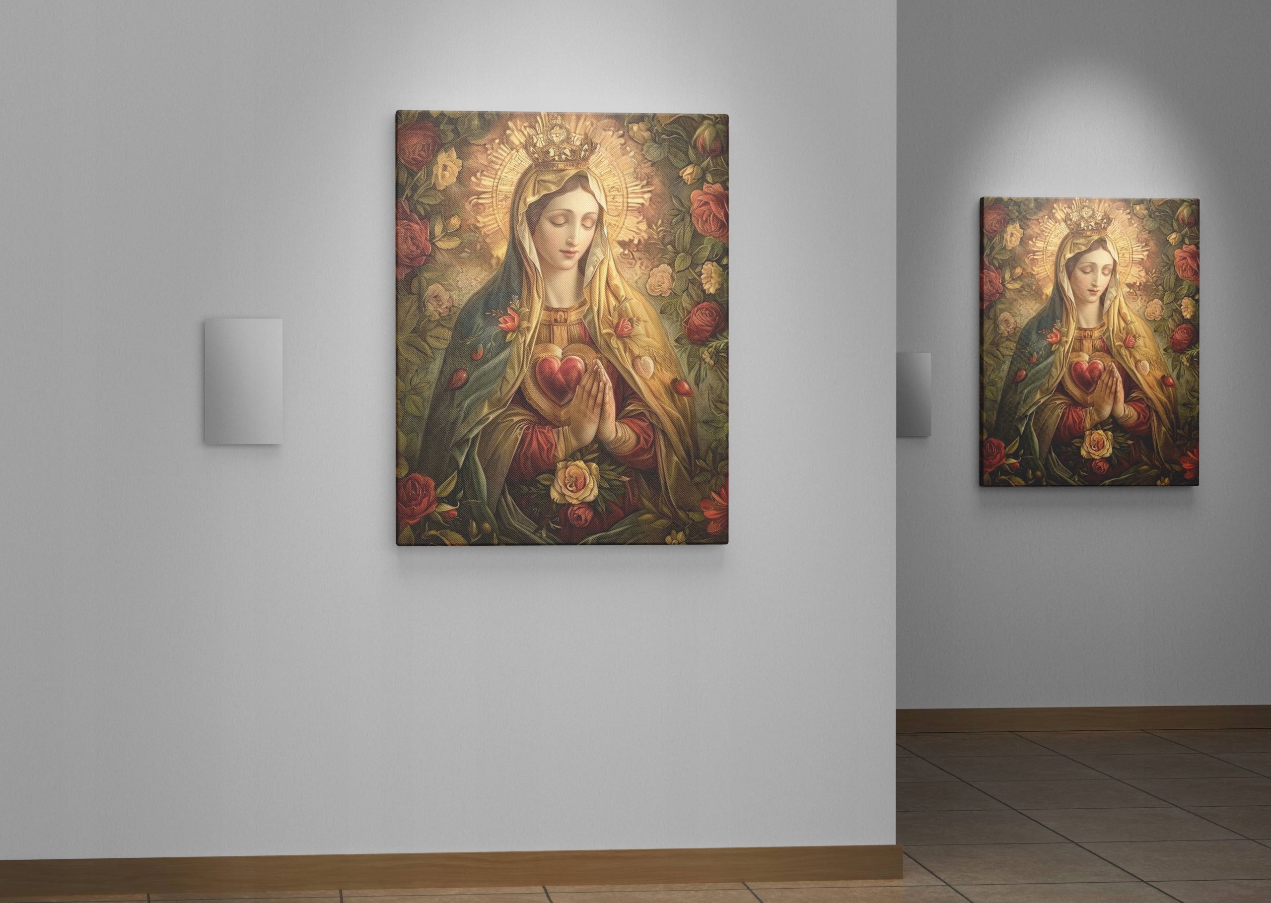 Obraz na płótnie Serce Maryi w Kwiatach 75x100 cm – sztuka sakralna