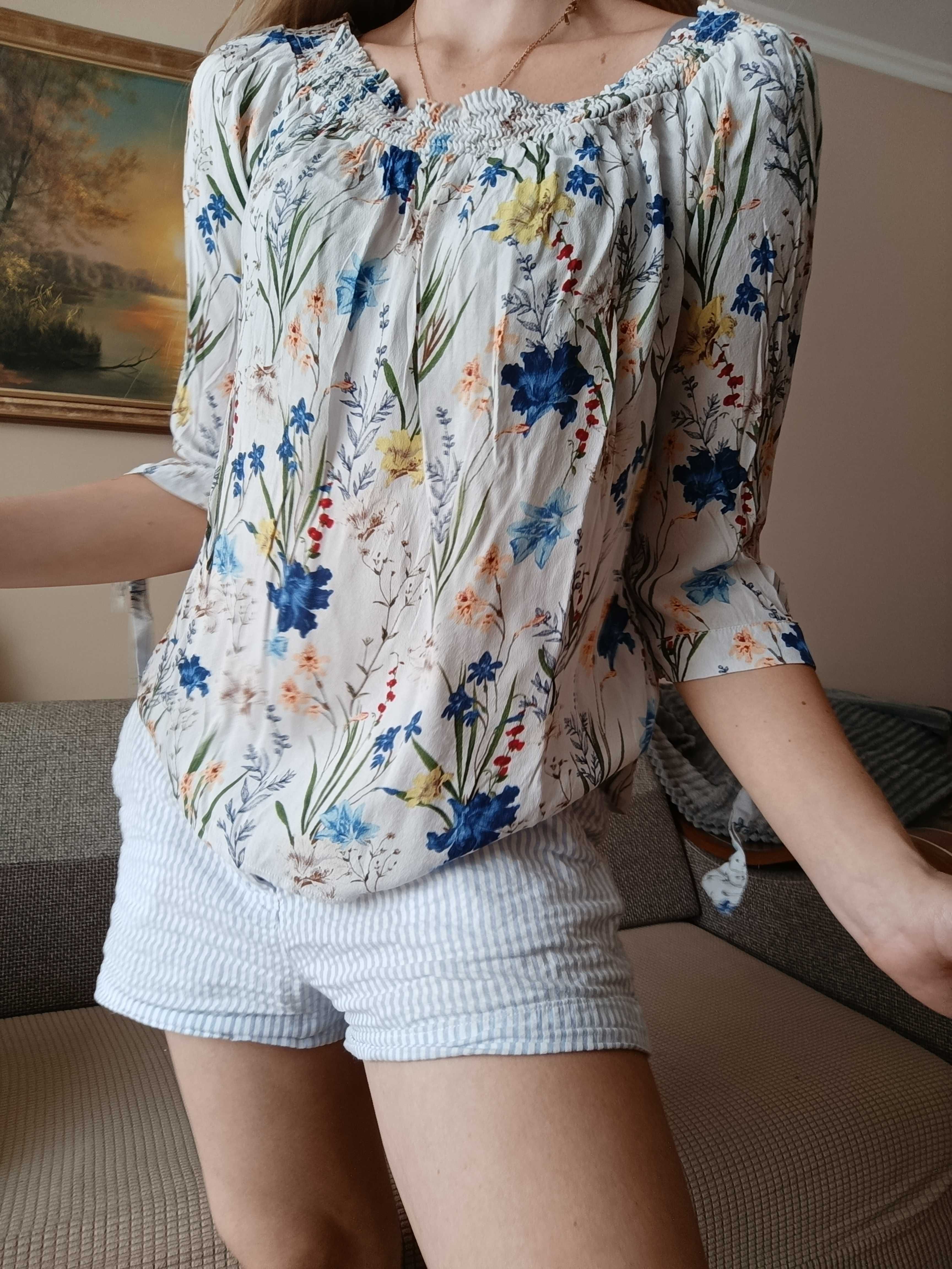 Bluzka hiszpanka M 38  w kwiatki Orsay biała w kwiaty chabry