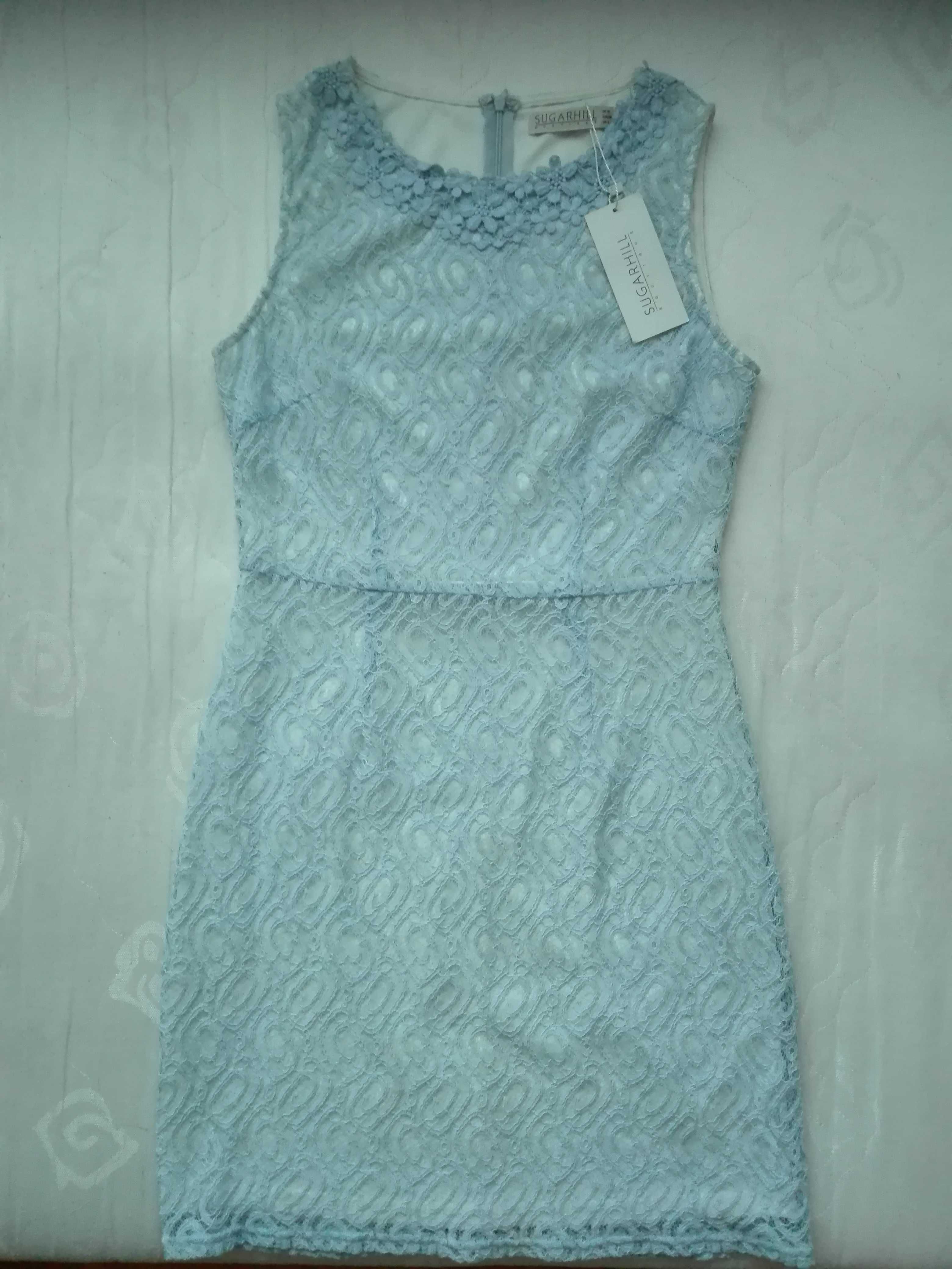 nowa, niebieska sukienka z koronki M/38, elegancka z metką
