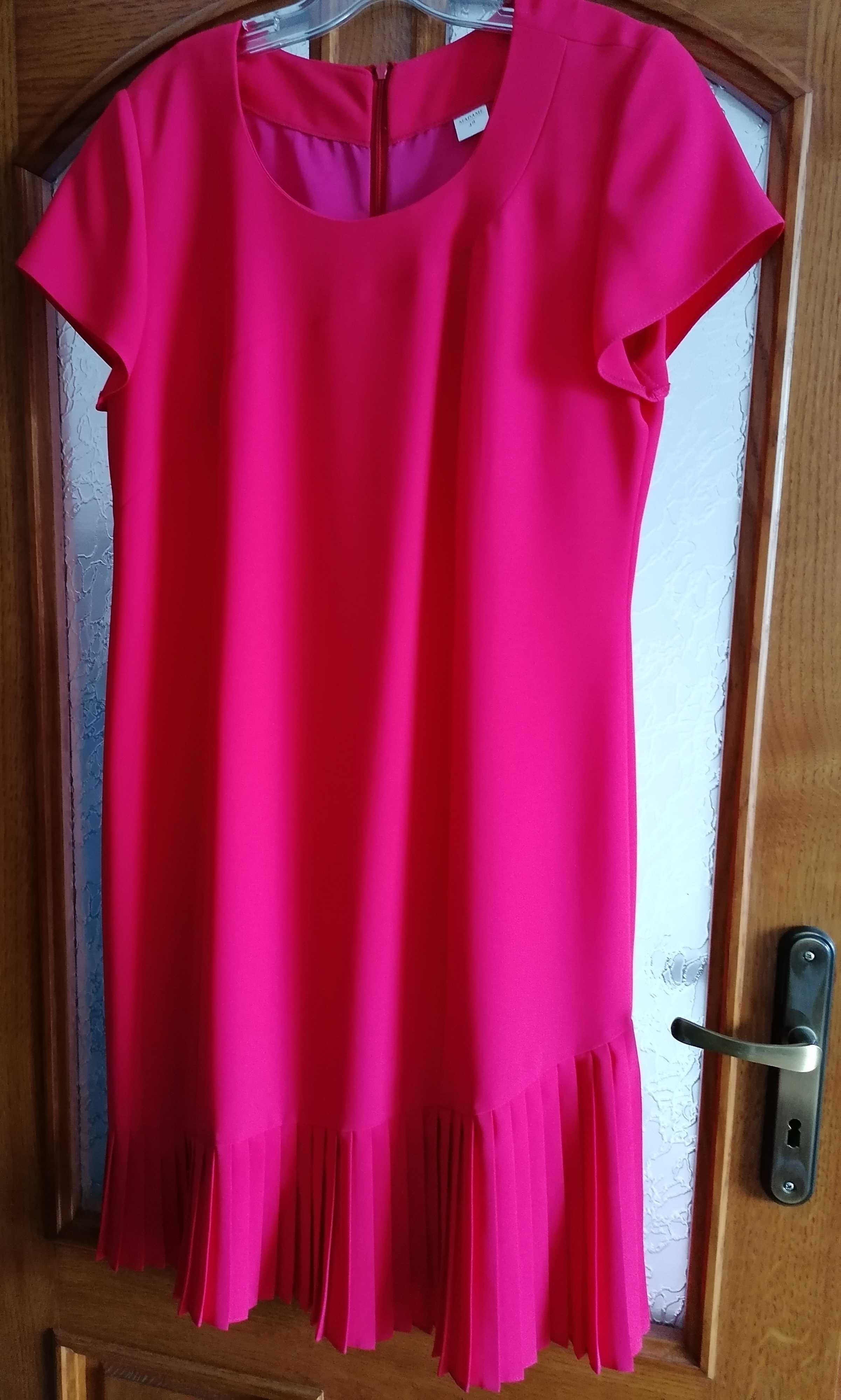 Elegancka sukienka midi różowa koralowa Madame plisy ślub wesele r. 48