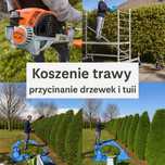 Koszenie trawy, wykaszarką przycinanie żywopłotow tuii. kosiarka