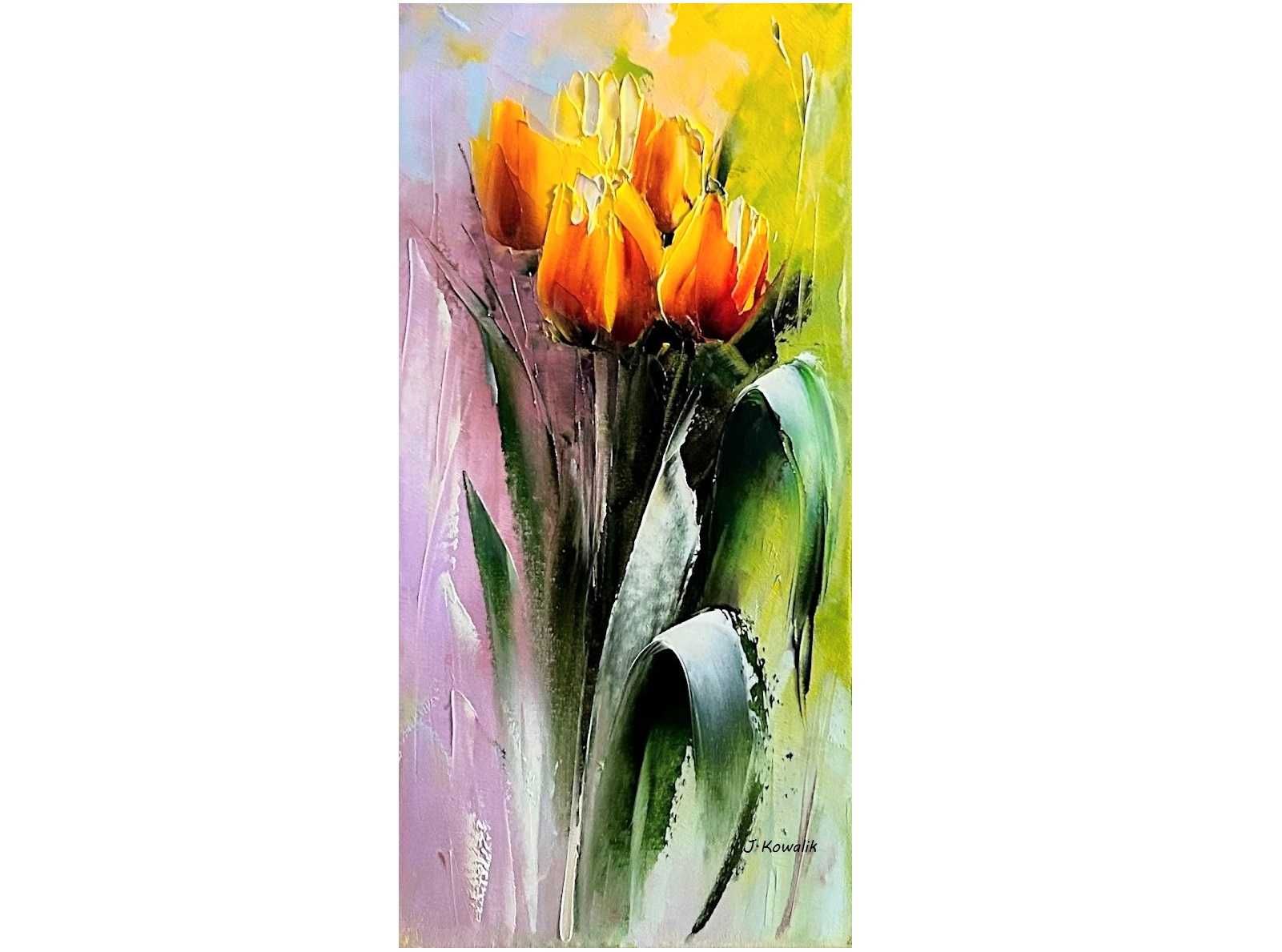 Kowalik - Tulipany obraz olejny  20x40cm kwiaty  bukiet