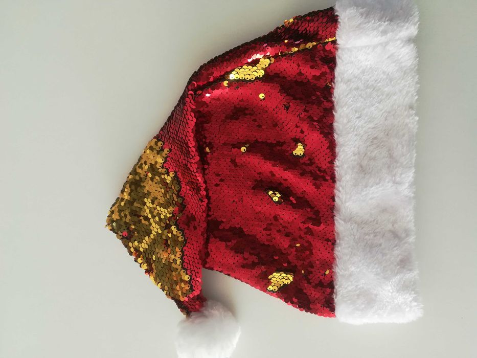 Czapka Mikołaja cekiny złote Mikołajki i Boże Narodzenie