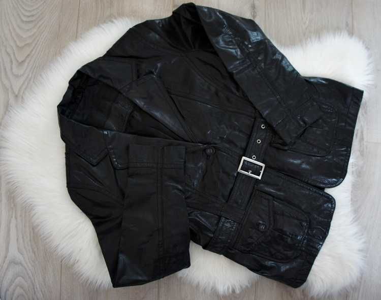 Czarna skórzana kurtka z paskiem, kieszeniami, C&A, M/L (38/40).