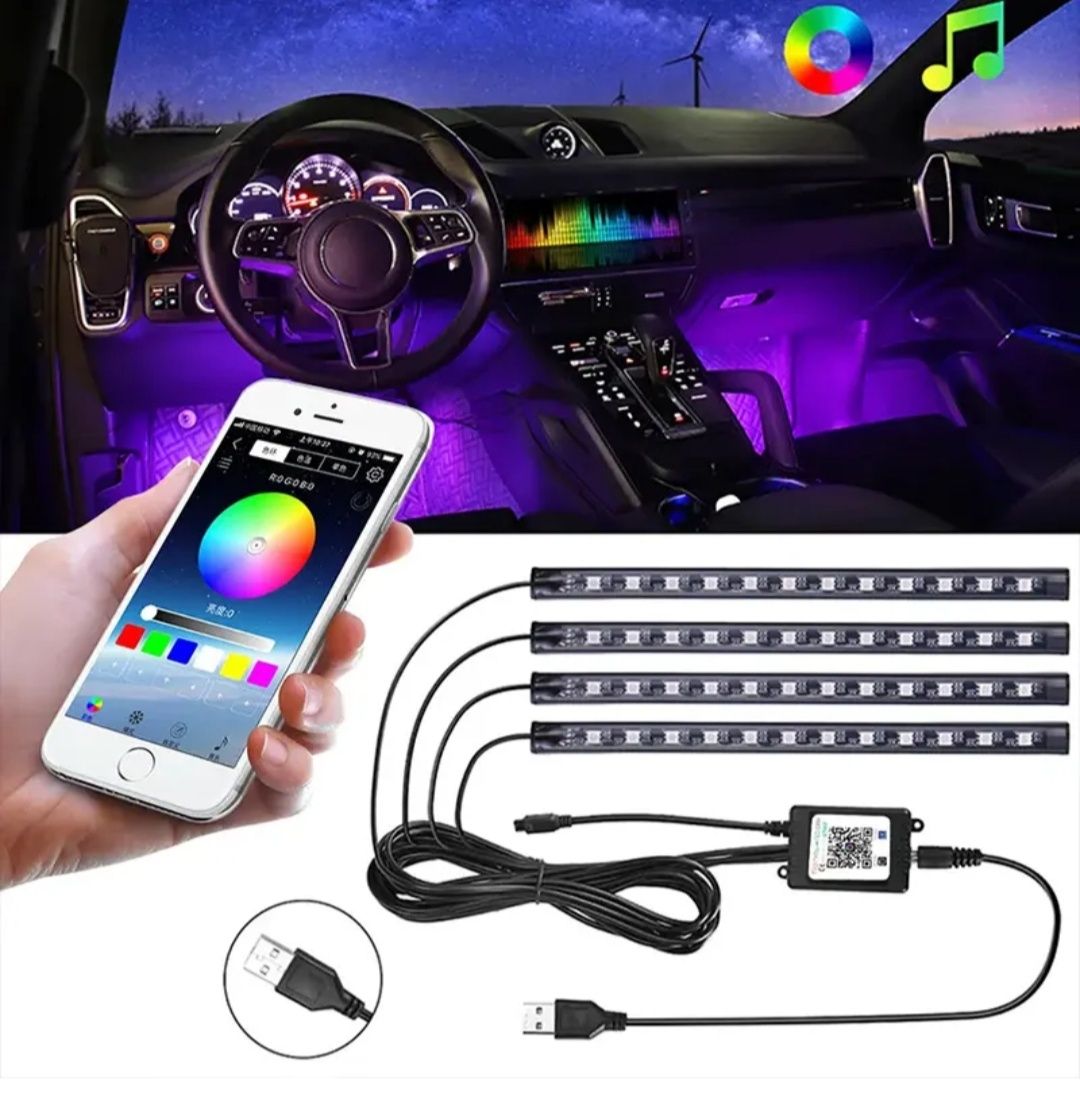 Oświetlenie wnętrza samochodu listwy ledowe 4x12 led + bluetooth apk