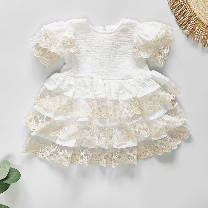 Elegancka muślinowa biała SUKIENKA z koronką, krótki rękaw, chrzest 62