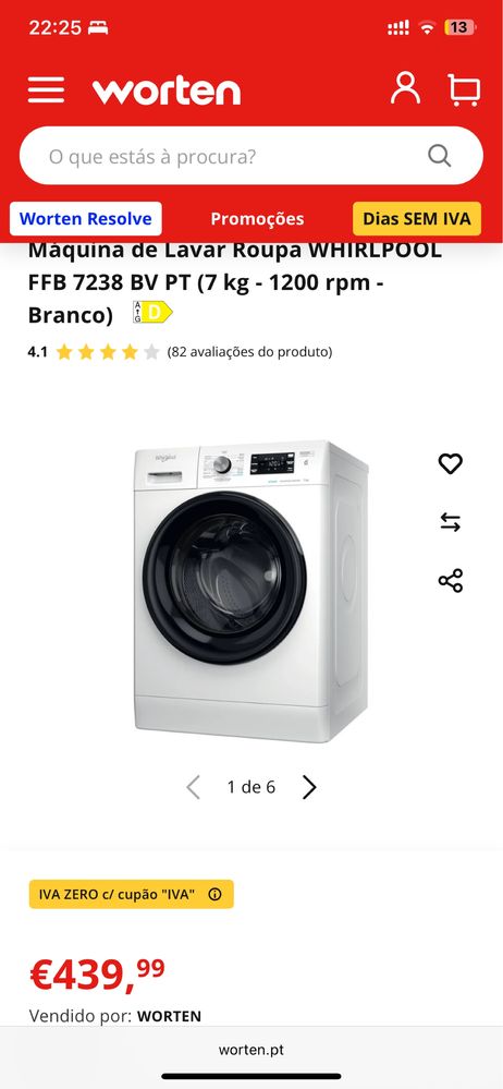 Máquina de Lavar Roupa WHIRLPOOL FFB 7469 BV PT 7 kg - 1400 rpm