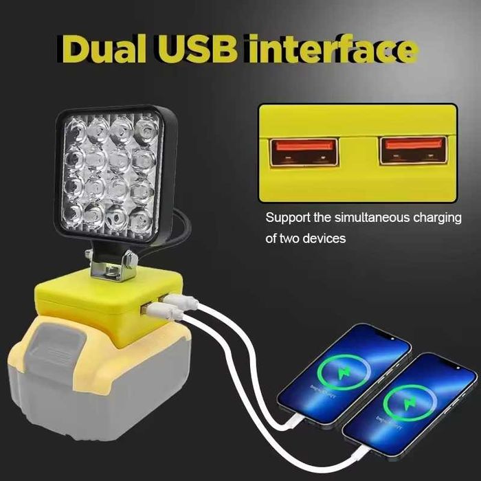 Lampa LED do akumulatorów DeWalt 18V — 2× USB mocne światło