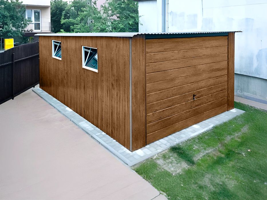 Garaż blaszany pojedynczy 3x5 m drewnopodobny - Dach jednospadowy, Bra