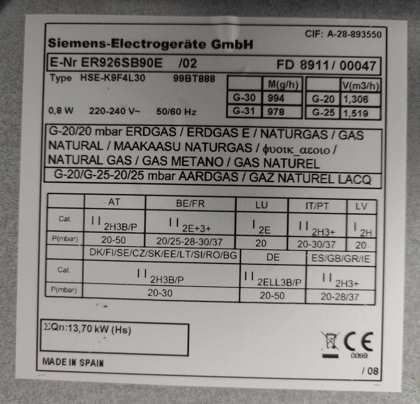 Placa Fogão Siemens gás Natural 5 bicos Grande (90cm)