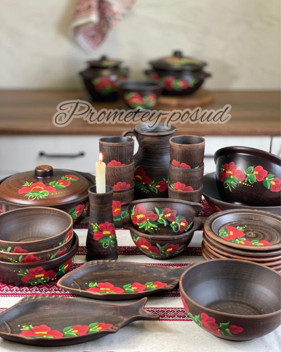 Набір глиняного посуду «Ангоб»,»Мак»,»Візерунок» на 4,6,8,12 осіб