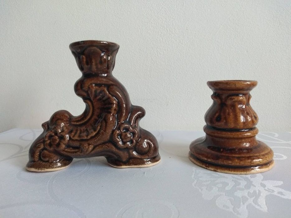 2 x Ceramiczny świecznik porcelit brązowy retro vintage PRL