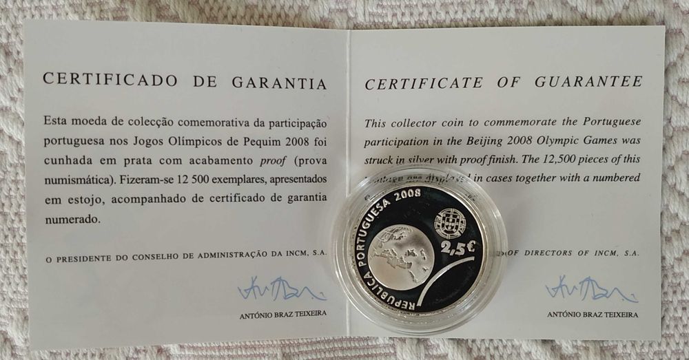 Portugal moeda em prata proof de 2,5 euro de 2008 Jogos Olimp. Pequim