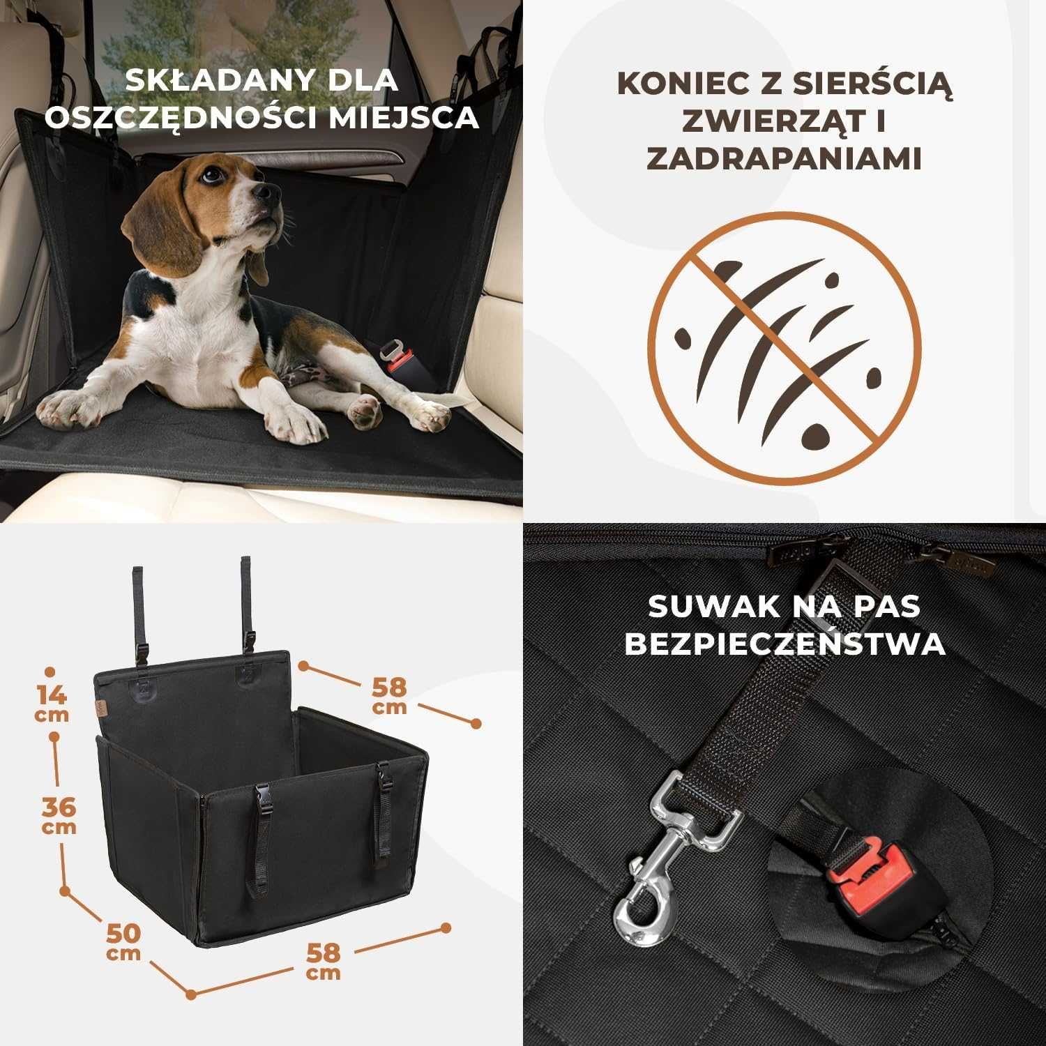 Stabilne siedzisko dla psa do auta – 58×50×50 cm, pas bezpieczeństwa