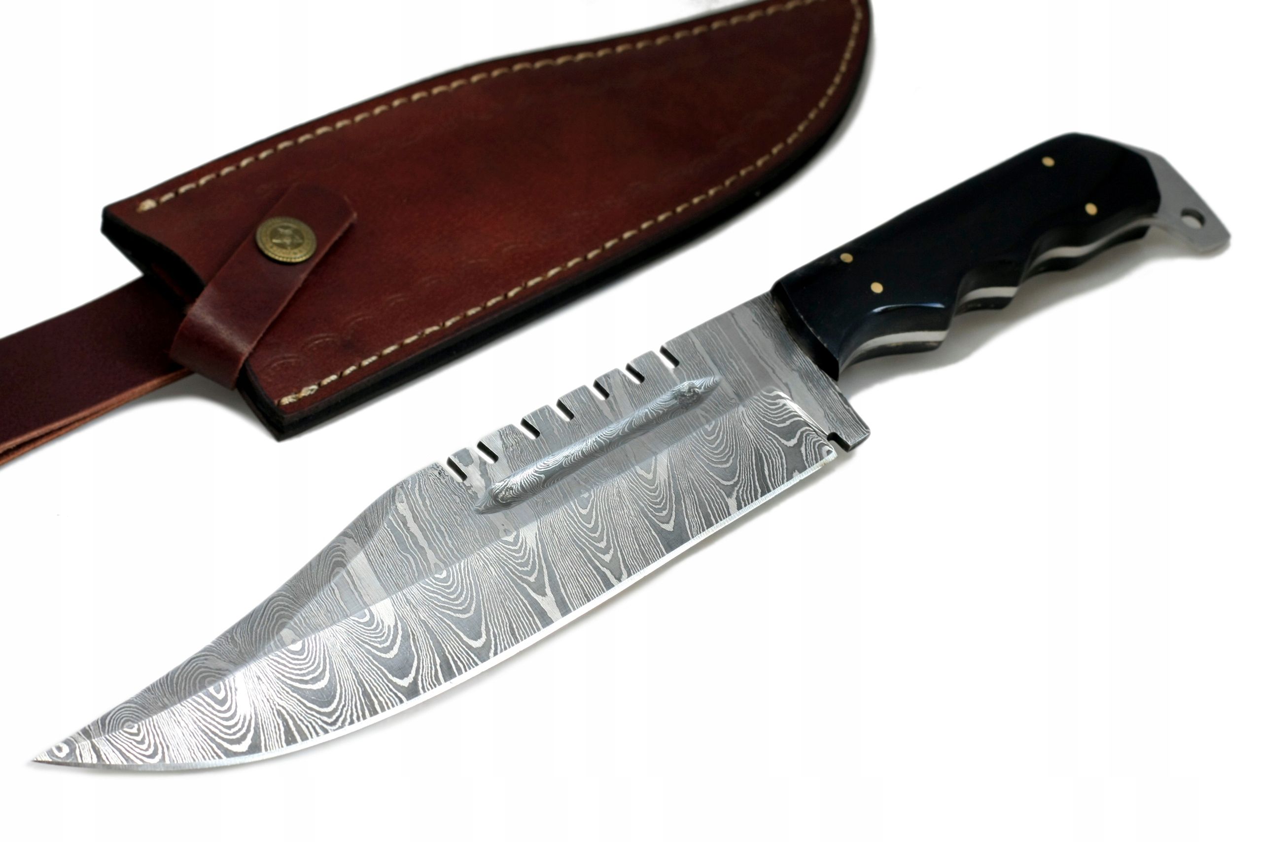 Nóż ręcznie wykonany Bowie survival stal damasceńska skórzane etui 758