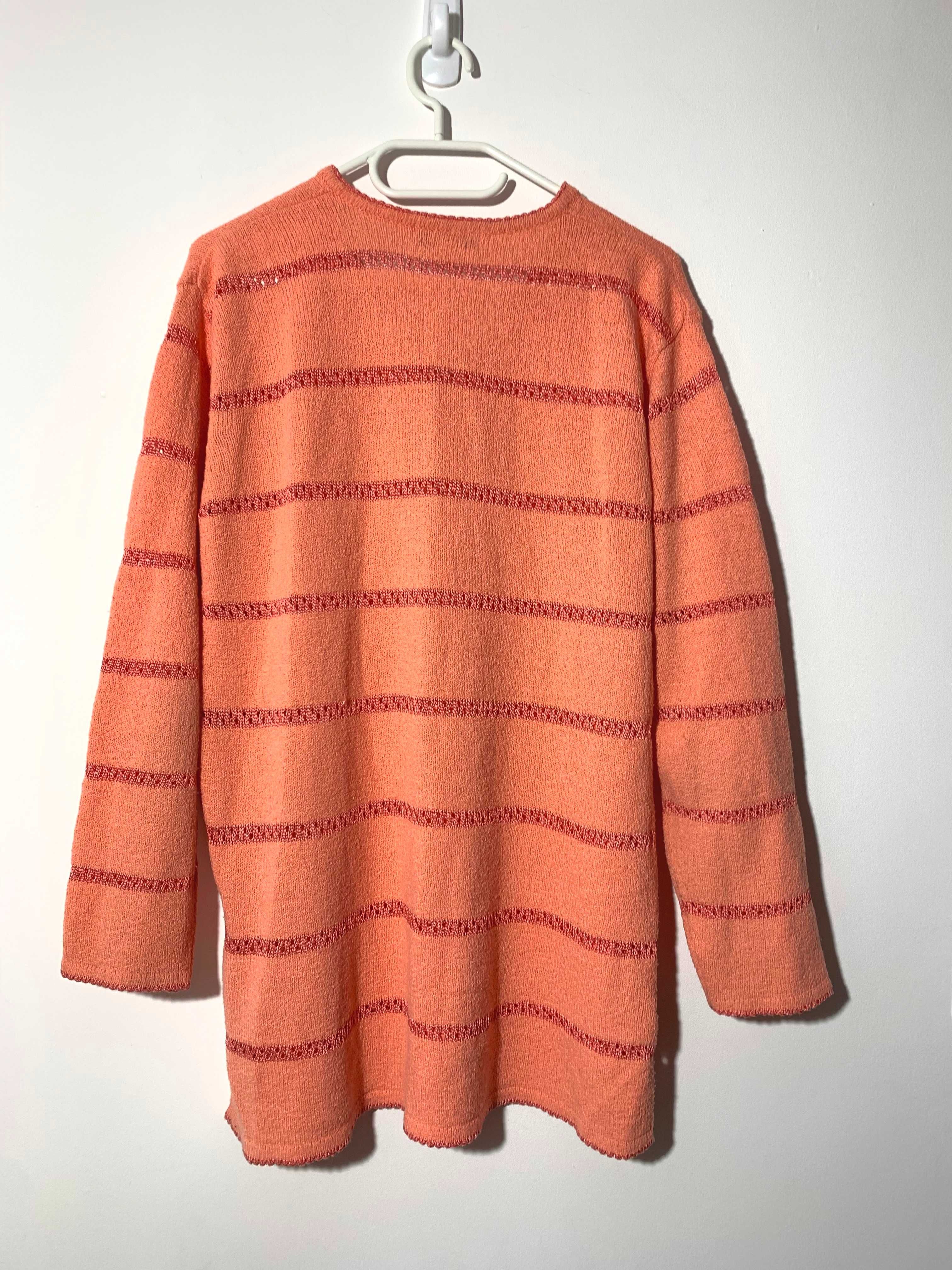 sweter ażur bluzka XL xxL vintage retro lata 80 90 w serek paski oranż