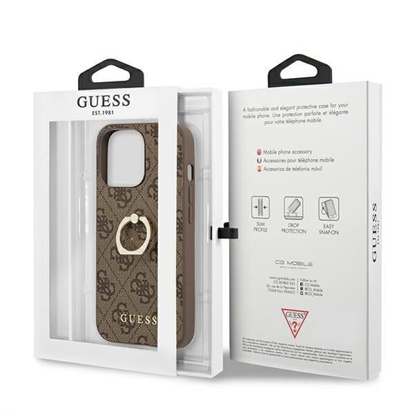 Guess Etui na iPhone 13 Pro/13 6,1" Brązowe z Uchwytem Pierścieniowym