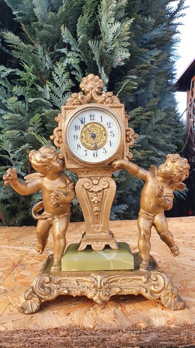 Zegar kominkowy antyk XIXwiek rzeźba figura anioł onyx prezent