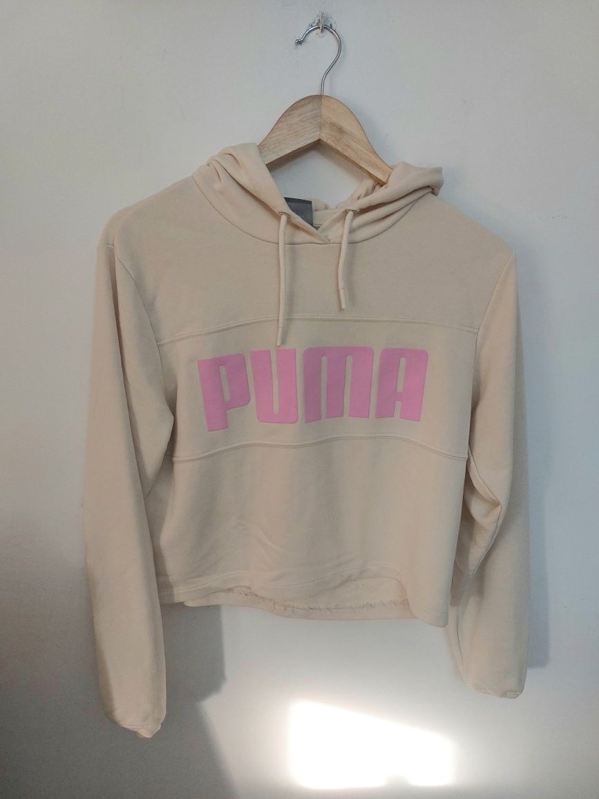 Bluza damska Puma kremowa z kapturem rożowy napis S