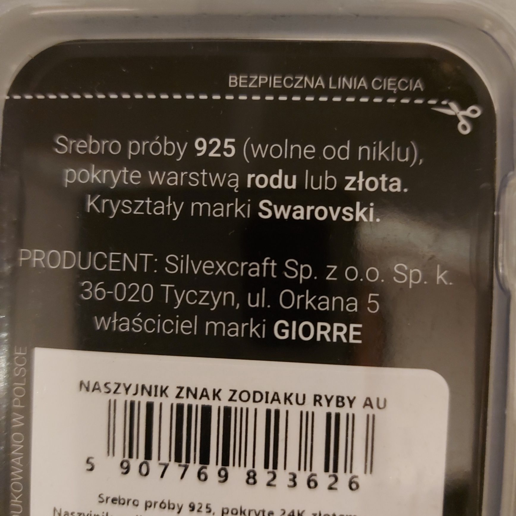 Łańcuszek z zawieszką znak Ryby zodiaku srebro pozłacane