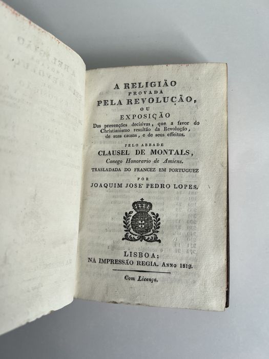 Livro (1819) "A Religião Provada pela Revolução" de Clausel de Montals