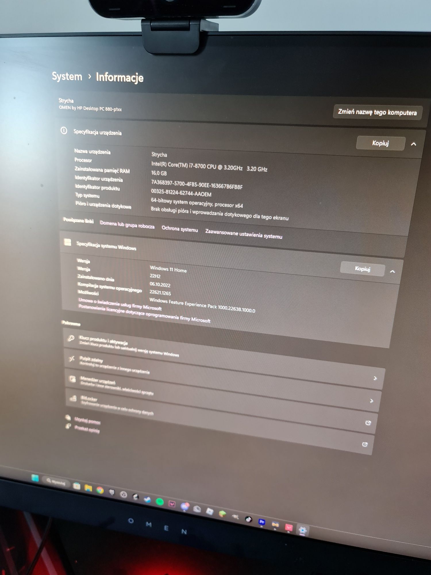 Komputer dla gracza HP OMEN 880-181nw i7 16GB Win11 GTX 1050Ti