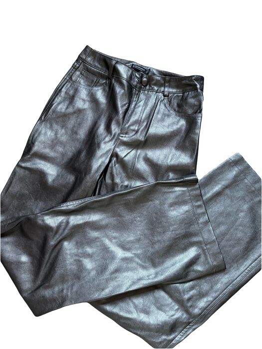 Metaliczne skórzane spodnie srebrne szerokie nogawki