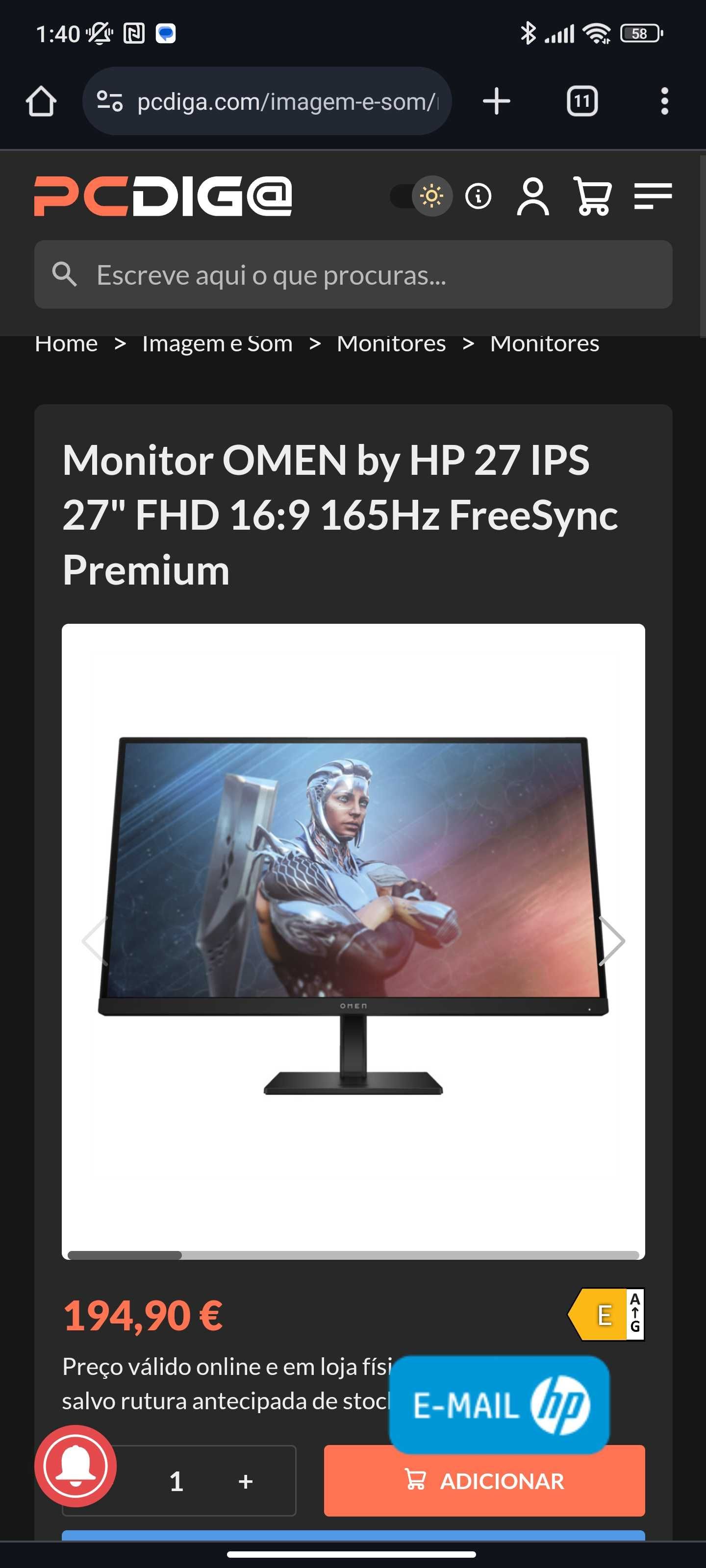 Monitor Omen 27" 165hz AMDFreesync + Cabo DP/HDMI
