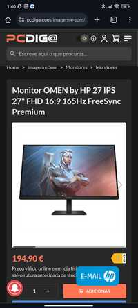 Monitor Omen 27" 165hz AMDFreesync + Cabo DP/HDMI