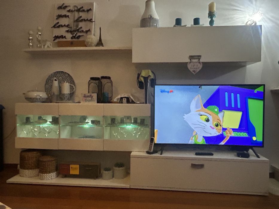 Movel de Sala e de TV com arrumação e iluminação decorativa.