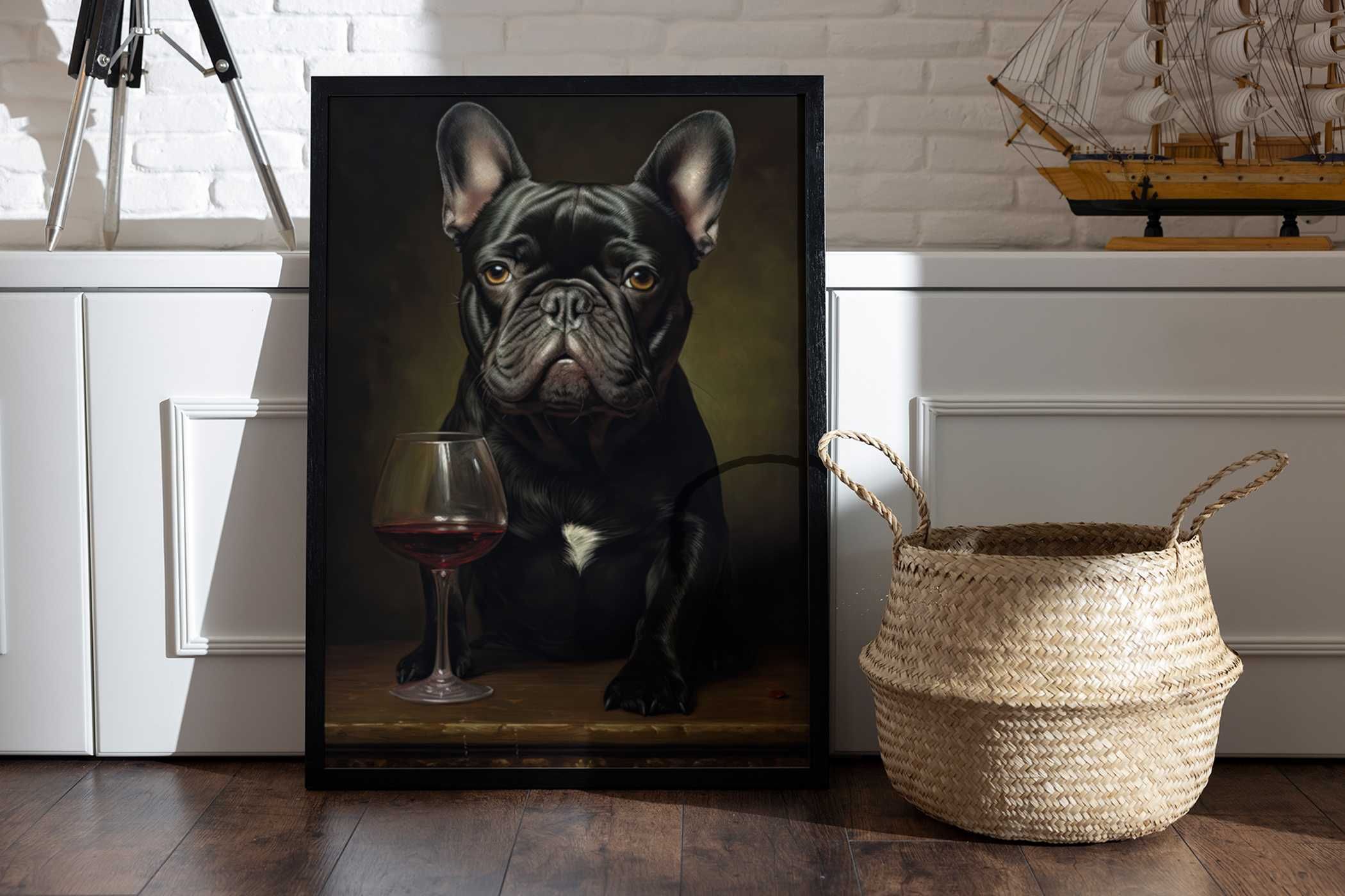 Plakat A3 Buldog Francuski z winem