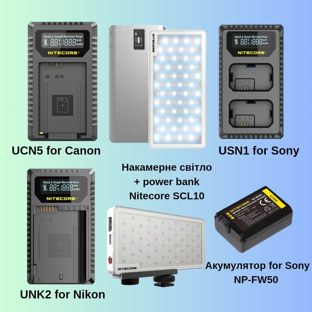 Зарядки для фотокамер Nikon,Sony,Canon,акб Sony NP-FW50,Nitecore SCL10