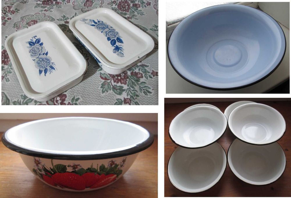 Эмалированные: судки и ковшик с крышкой, миски и таз большой