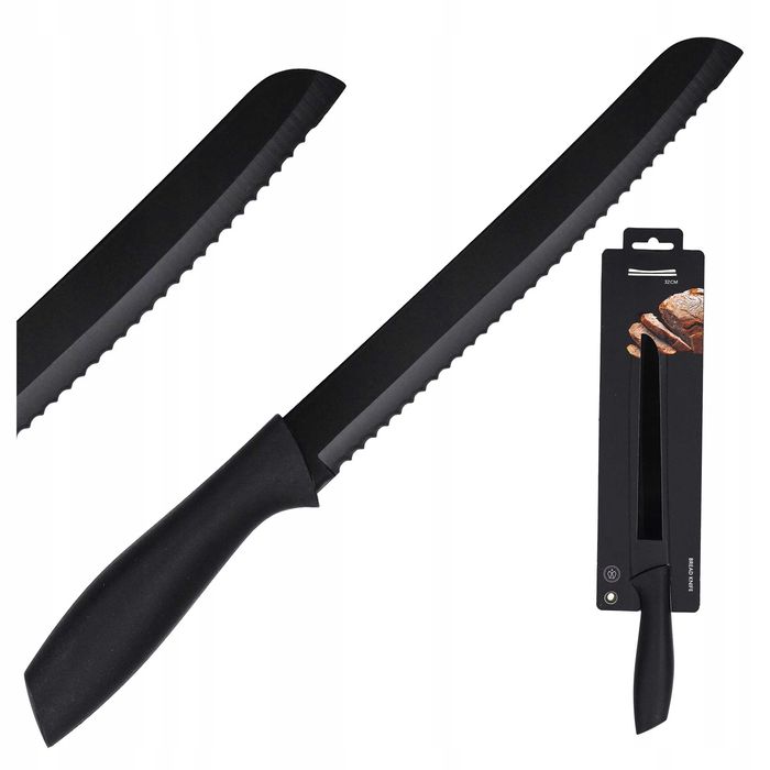 NÓŻ do Krojenia PIECZYWA CHLEBA Stalowy CZARNY Ząbkowany 32 cm SOLIDNY