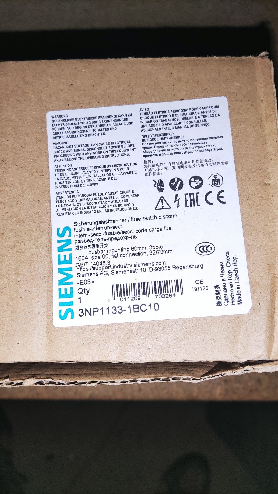 Rozłącznik bezpiecznikowy 3P 160A NH00  Siemens 3NP1133-1BC10