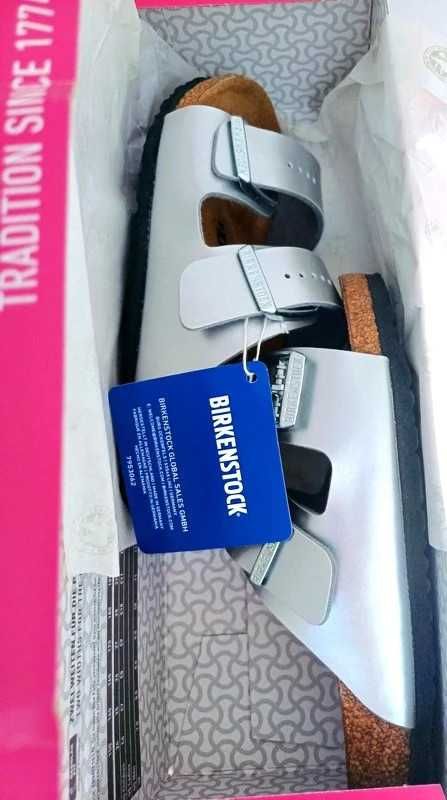 Birkenstock Arizona 29 klapki sandałki skórzane srebrne