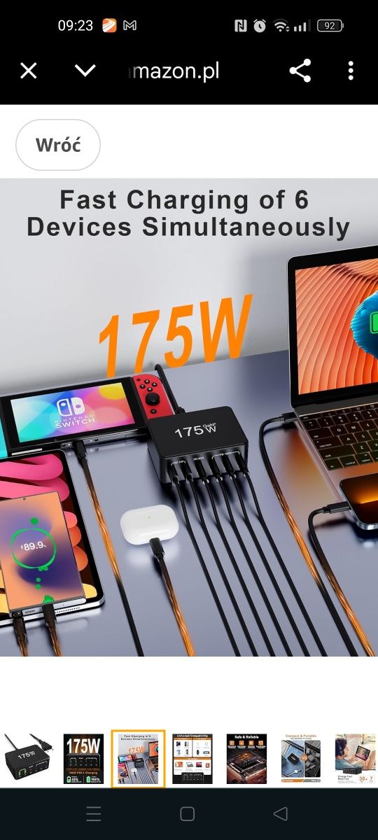 Ładowarka USB C 175 W GaN, Zasilacz 6 Portów