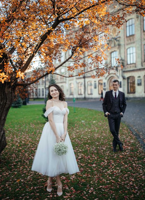 Весільна сукня, коротка, пудровий колір
