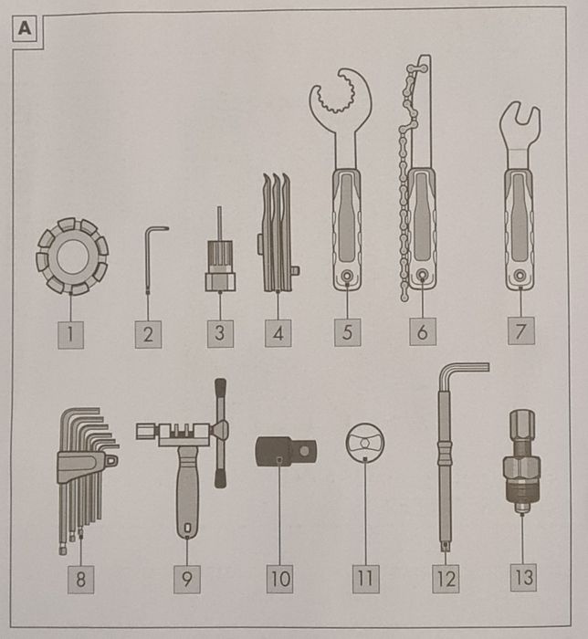 Caixa com kit ferramentas reparação/manutenção de bicicletas