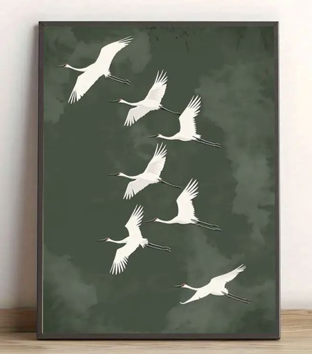 Plakat na materiale winylowym 40x60 Stado Żurawi butelkowa zieleń