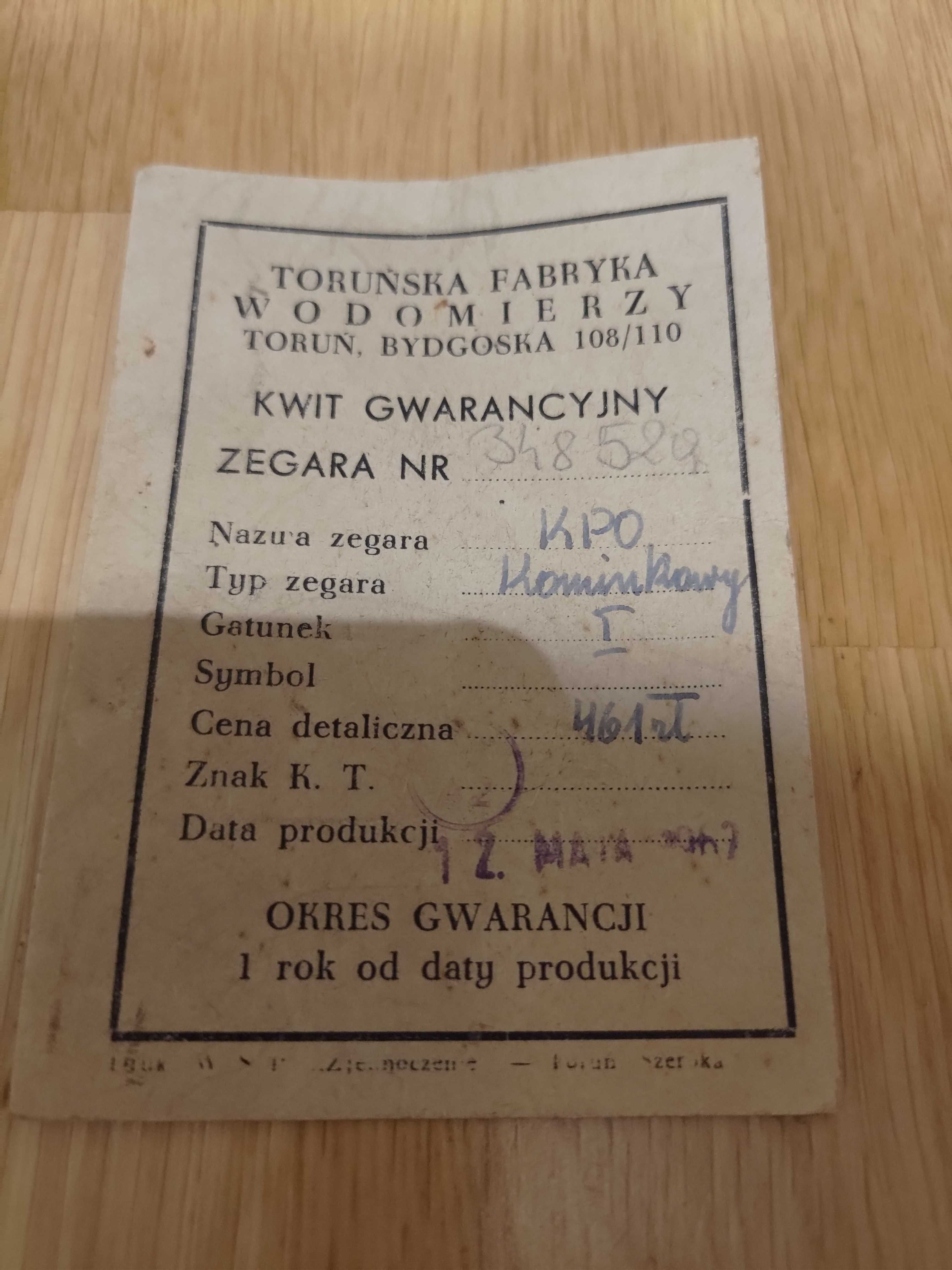 Polski Zegar kominkowy KPO 1962 r. Toruńska Fabryka Wodomierzy Metron