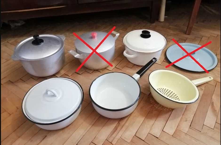 Кастрюли, миски, чашки эмалированные, алюминиевые, стекло.