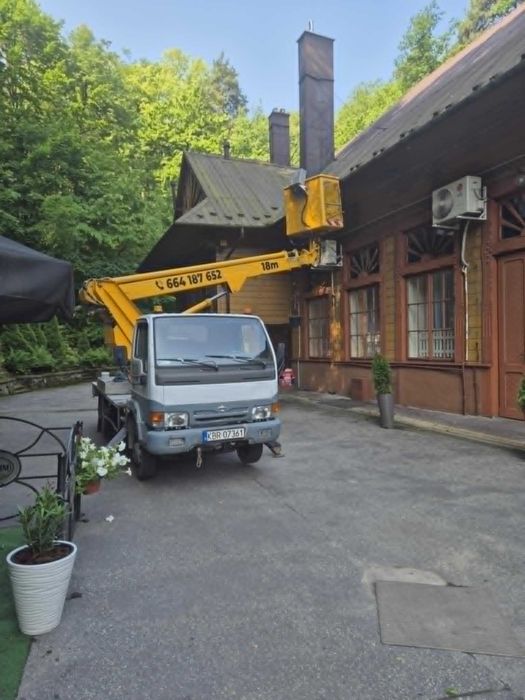 Zwyżka podnośnik koszowy, malowanie mycie dachów wycinka drzew rębak