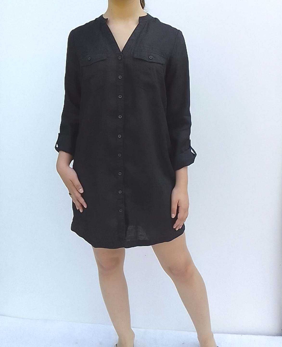 Lniana czarna nowa koszulowa sukienka 100% len puro lino S M 36 38