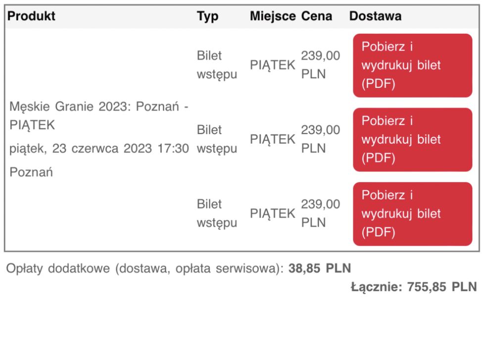 3 bilety Męskie Granie Poznań 23.06